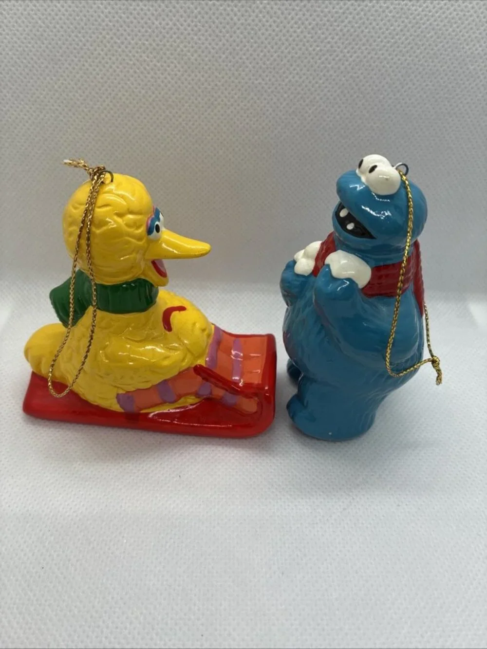 Vintage Sesame Street Big Bird & Cookie Monster Ceramic Christmas Ornaments Set